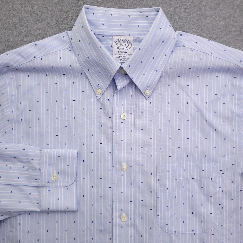 Brooks Brothers Dress Shirt Mens 14.5 32 Regent Fit Non Iron Blue Polka Dot